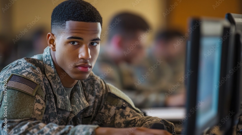 Fototapeta premium Military student participating in an advanced training program, using cutting-edge technology and collaborative learning