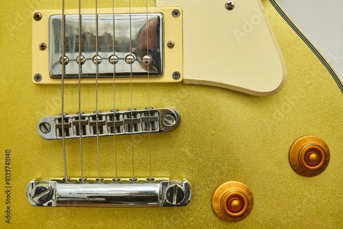 Close-up photograph of a vintage gold-plated electric guitar, details photo