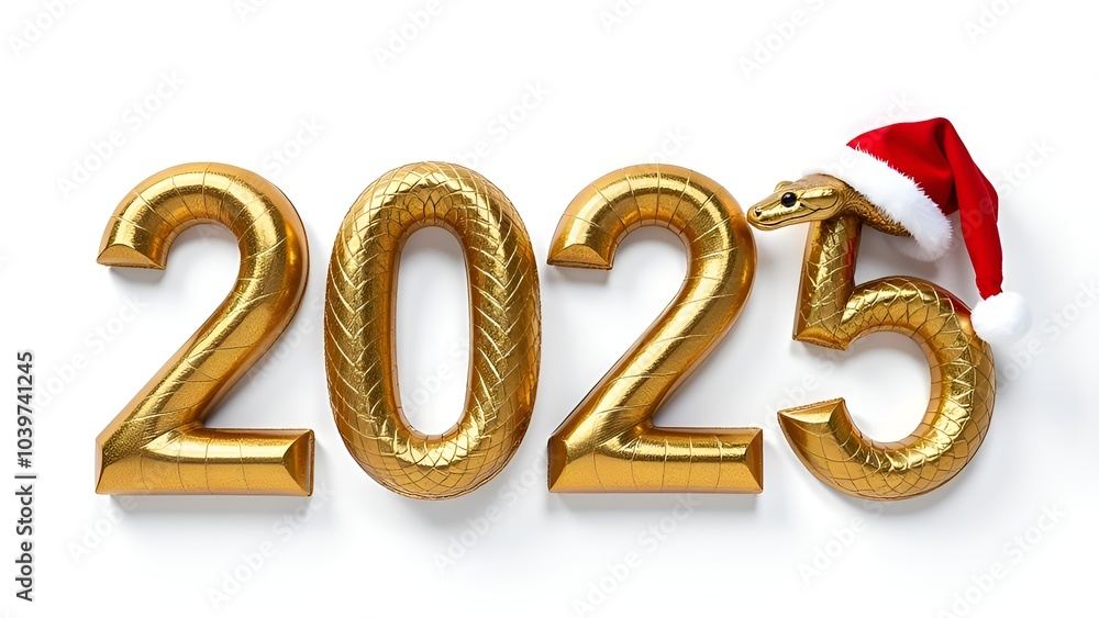 Golden numbers 2025 and a snake in a Santa Claus hat on a white background, symbolizing the coming year with a festive twist. Golden numbers 2025 and a snake in a Santa Claus hat on a white background, symbolizing the coming year with a festive twist.