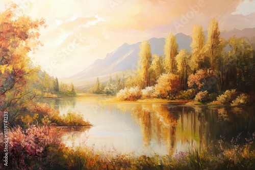 Autumnal Landscape with a Still Lake and Mountains in the Background