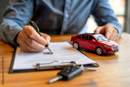 Man signing car insurance document or lease paper. Writing signature on contract or agreement. Buying or selling new or used vehicles. Car keys on table. Warranty or guarantee. Customer or salesman. M photo