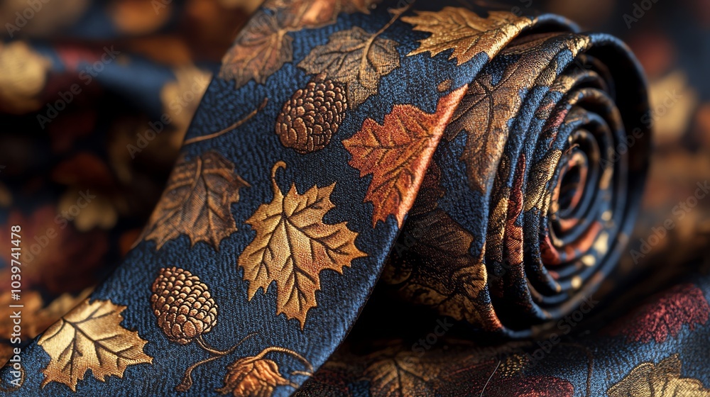 Close-up of a rolled autumnal tie with a blue background and a pattern of brown and gold leaves and pinecones. Close-up of a rolled autumnal tie with a blue background and a pattern of brown and gold leaves and pinecones.