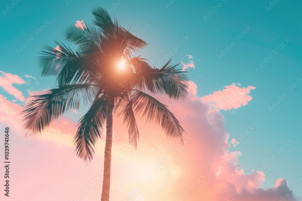 Silhouette palm tree on sunset sky. Summer vacation concept. Vintage filter. Silhouette palm tree on sunset sky. Summer vacation concept. Vintage filter.