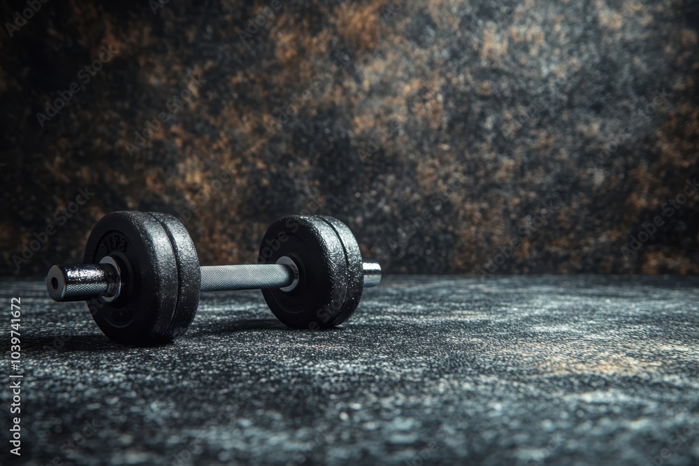 A single black dumbbell resting on a textured surface in a dimly lit gym setting A single black dumbbell resting on a textured surface in a dimly lit gym setting