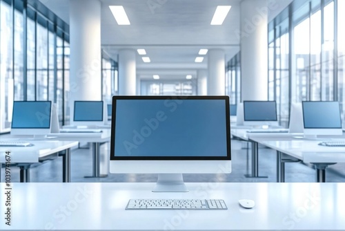 Wallpaper Mural Minimalist workplace with PC computers and panoramic view, offering a clean, modern setup for efficient work in a bright, open space Torontodigital.ca