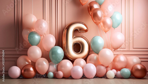 Stylish Girl 6th Birthday Party background, Modern Bunch of bright balloons on light pink background, Sixth Birthday decorations with soft pink, mint and gold balloons. Banner design, space for text