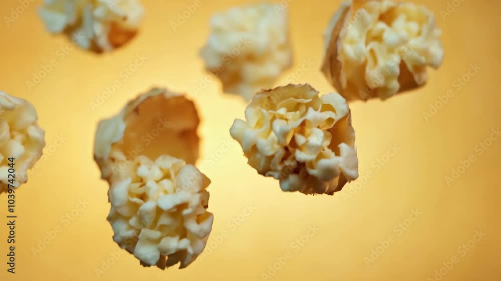 Flying popcorn on vibrant background: fun food concept for movie snacks and entertainment Flying popcorn on vibrant background: fun food concept for movie snacks and entertainment