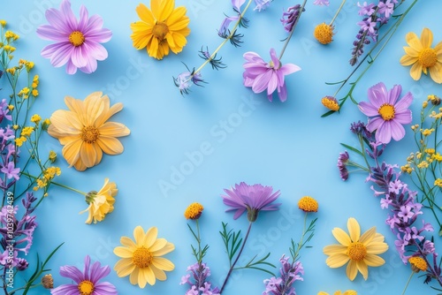 Yellow and purple flowers on pastel blue background. Spring concept.