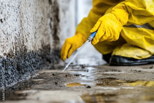 Mold growth on wet concrete, with experts testing for contamination and assessing the extent of the damage