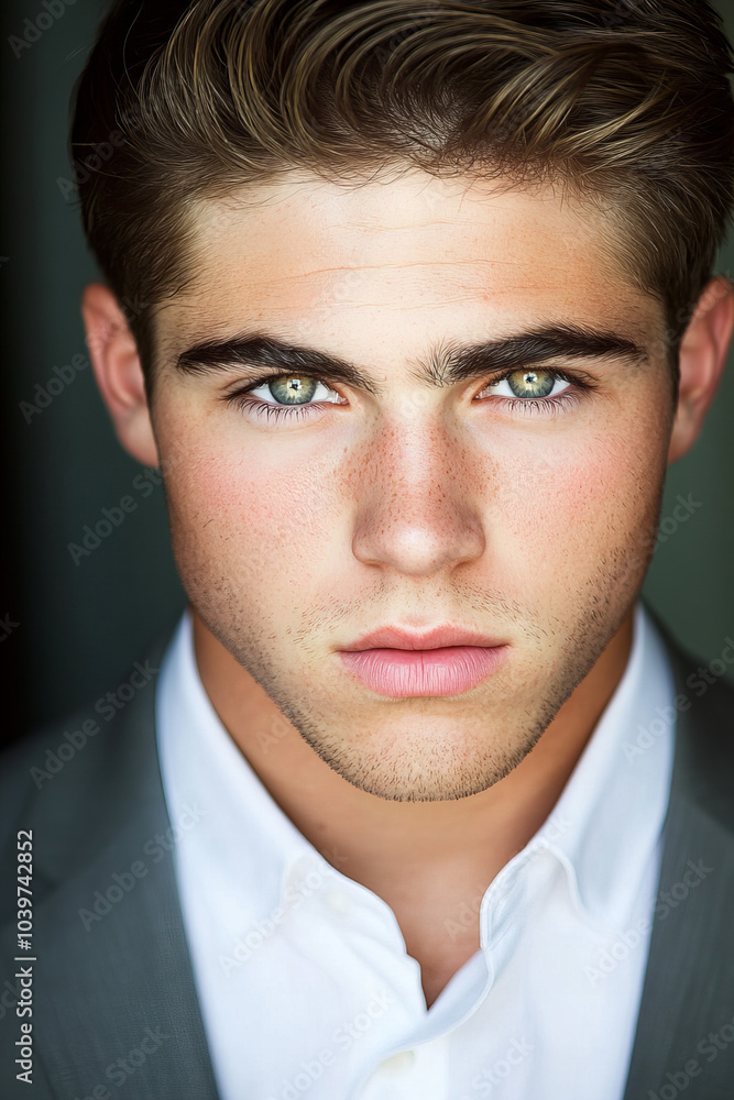 Obraz premium Professional headshot of a confident businessman in formal attire, wearing a dark suit and tie, with a focused expression, ideal for corporate profiles, business presentations, and branding materials.