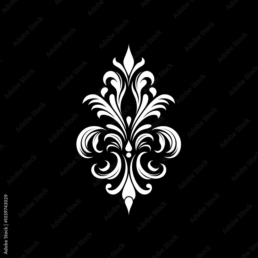 A white damask pattern on a black background. A white damask pattern on a black background.