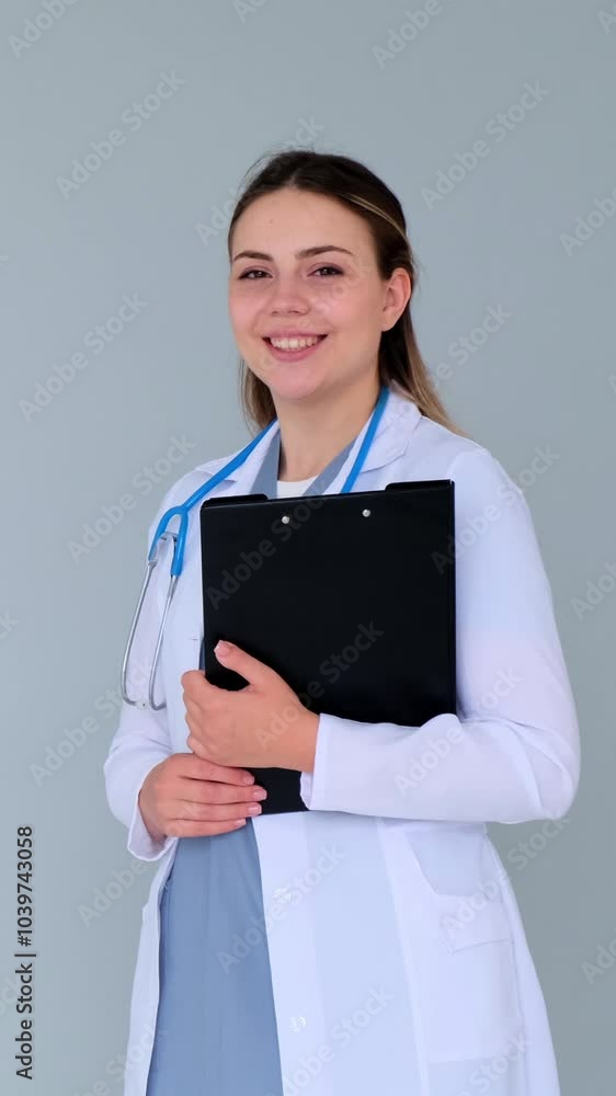 Portrait of a cheerful and joyful young adult female Caucasian doctor or nurse on blue background. Smiley medical professional. Vertical video.