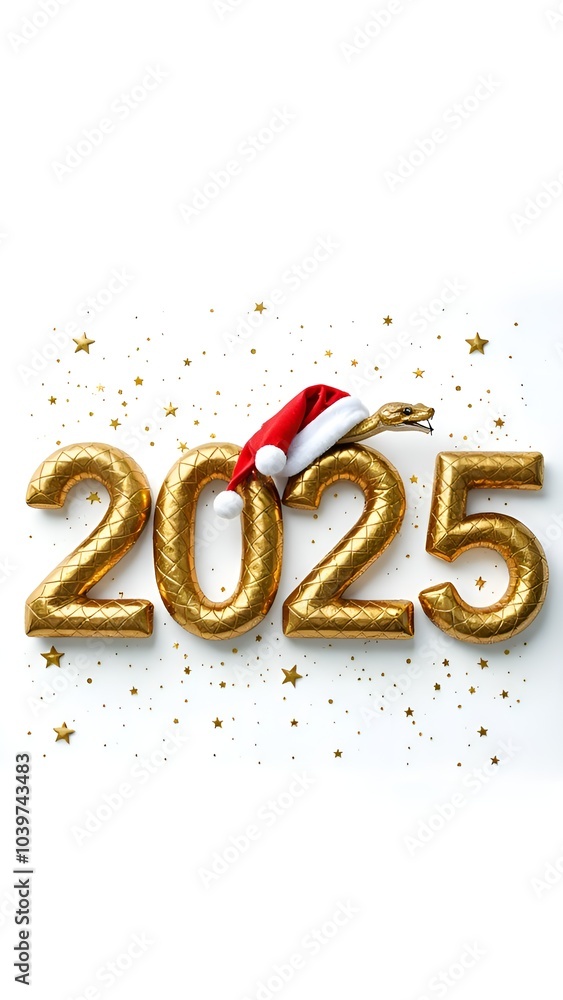 Golden numbers 2025 and a snake in a Santa Claus hat on a white background, symbolizing the coming year with a festive twist. Golden numbers 2025 and a snake in a Santa Claus hat on a white background, symbolizing the coming year with a festive twist.
