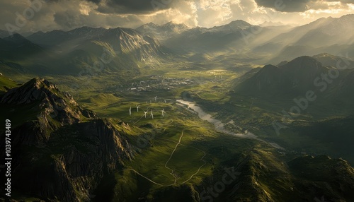 A clear aerial view of green energy wind farms on the tops of high mountains, demonstrating the future of sustainable energy