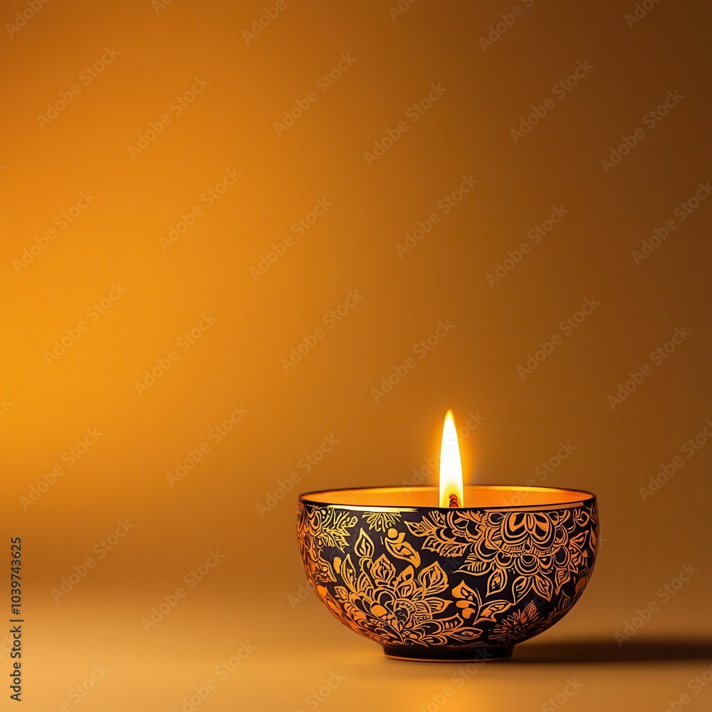 Beautiful candle in decorative bowl with flame, warm ambient lighting. Beautiful candle in decorative bowl with flame, warm ambient lighting.