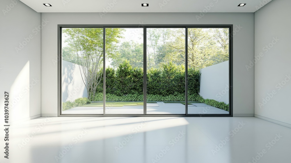 Obraz premium Empty room with large window looking out to a backyard.