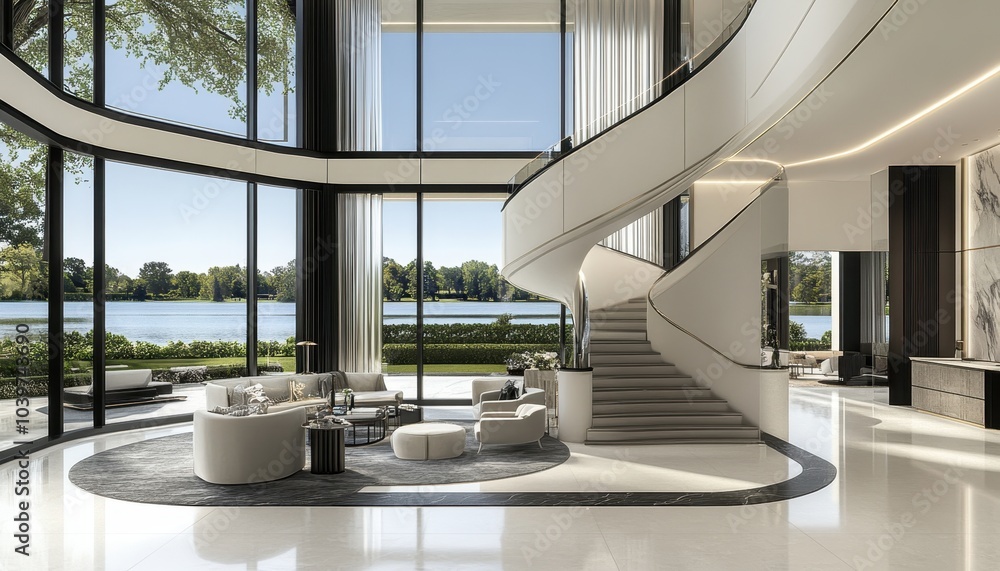 Interior design of modern entrance hall with staircase in villa Stock ...