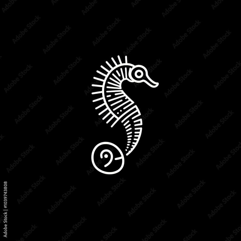 Fototapeta premium A white line drawing of a seahorse on a black background.
