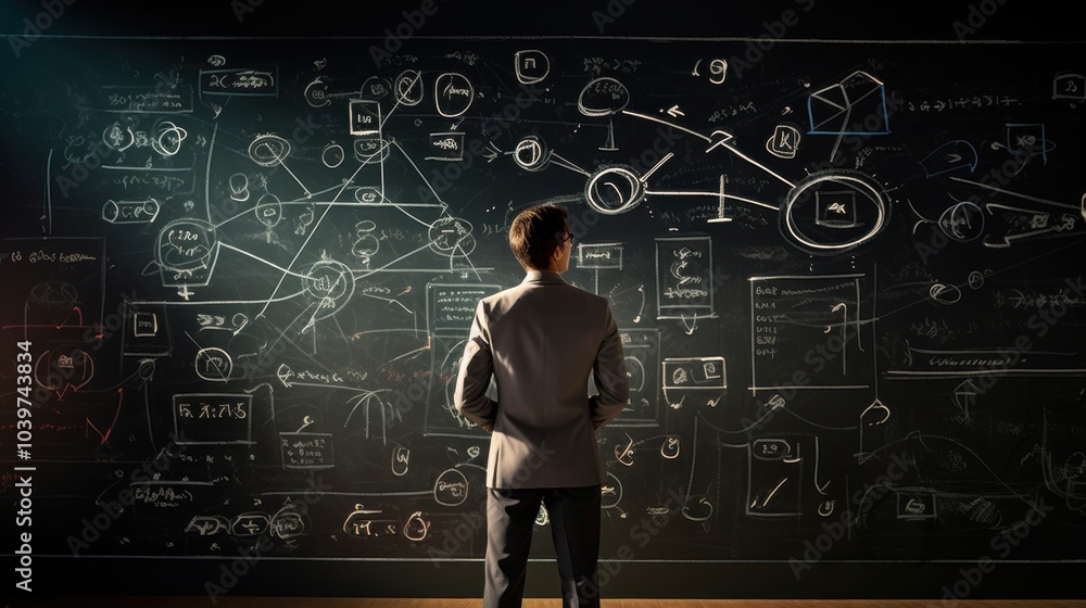 A lone figure in a suit contemplates a chalkboard teeming with elaborate diagrams and formulas, capturing the essence of scientific inquiry. A lone figure in a suit contemplates a chalkboard teeming with elaborate diagrams and formulas, capturing the essence of scientific inquiry.