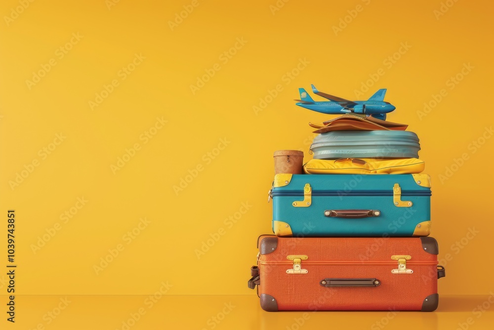 Packed suitcase with belongings on yellow background with space for text Packed suitcase with belongings on yellow background with space for text