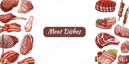 Meat  menu colored template in engraved vintage style. Hand-drawn sketches of barbecue meat pieces with herbs and seasonings. Background for meat restaurant.