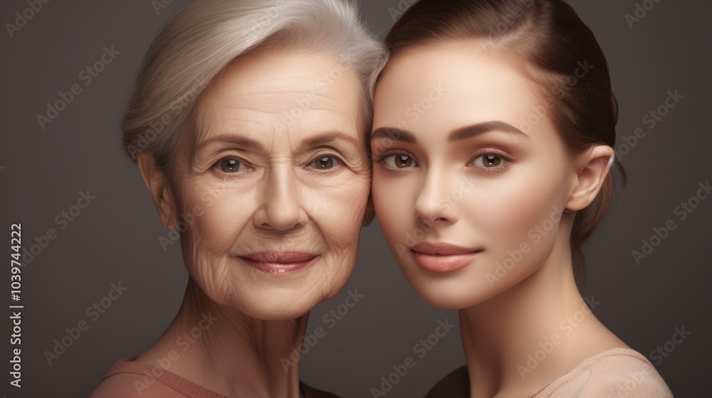 A striking half-face comparison showcases the timeless beauty across generations, capturing both youthful and aged features in exquisite detail. A striking half-face comparison showcases the timeless beauty across generations, capturing both youthful and aged features in exquisite detail.