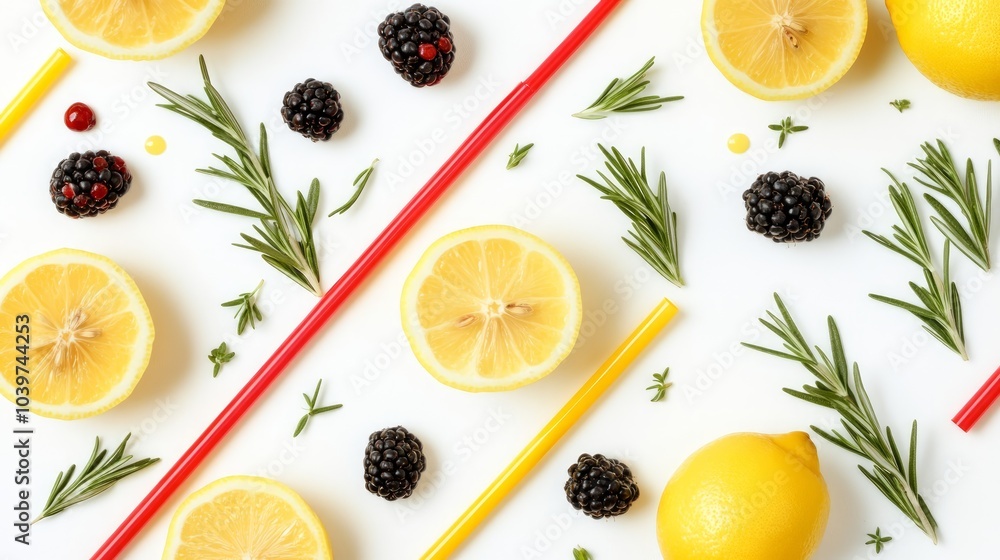Flat lay pattern of lemon slices, rosemary sprigs, blackberries, and red and yellow straws on a white background. Flat lay pattern of lemon slices, rosemary sprigs, blackberries, and red and yellow straws on a white background.