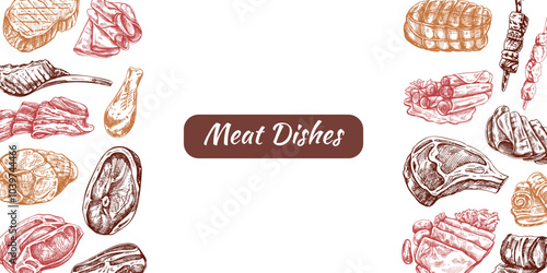 Meat  menu template in engraved vintage style. Hand-drawn sketches of barbecue meat pieces with herbs and seasonings. Background for meat restaurant.