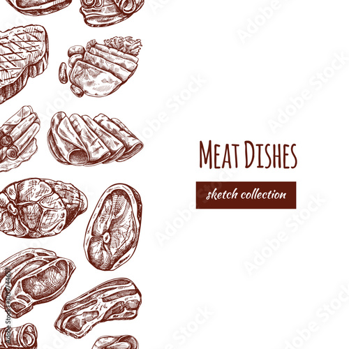 Meat  menu template in engraved vintage style. Hand-drawn sketches of barbecue meat pieces with herbs and seasonings. Background for meat restaurant.