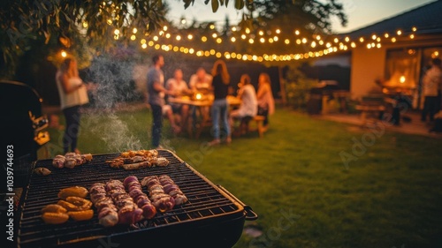 LongWeekend image of a backyard barbecue, with people grilling food and chatting, cheerful gathering under string lights, dusk setting with warm and cozy lighting photo