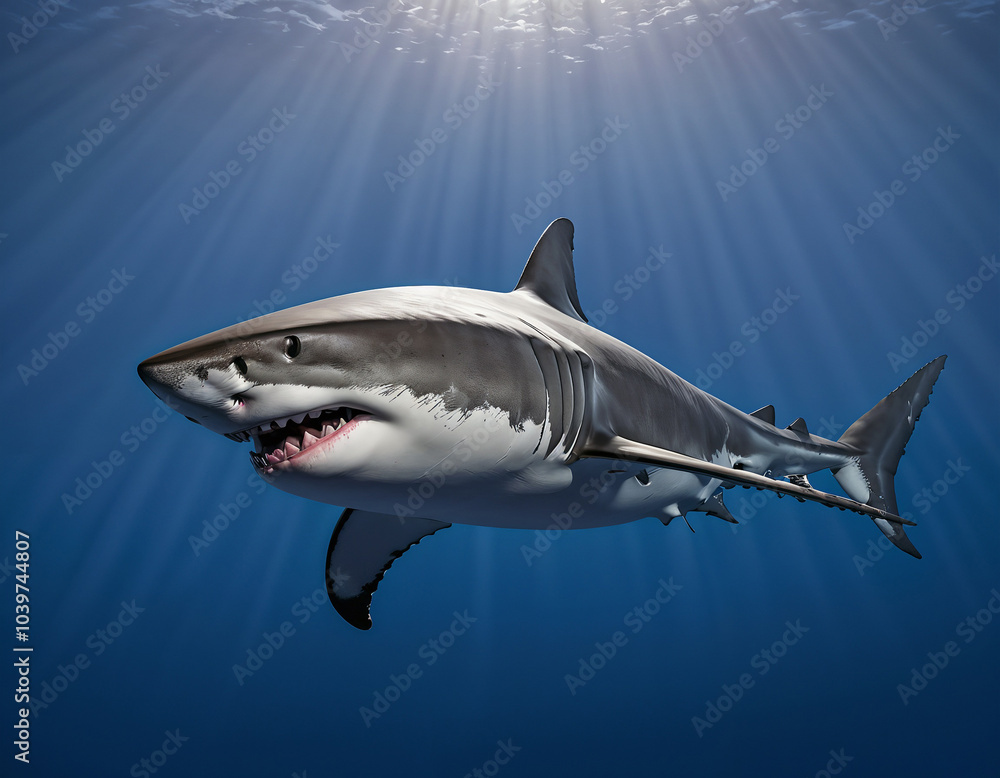 Majestic Fish: Great White Shark with Sharp Teeth in Blue Waters Majestic Fish: Great White Shark with Sharp Teeth in Blue Waters