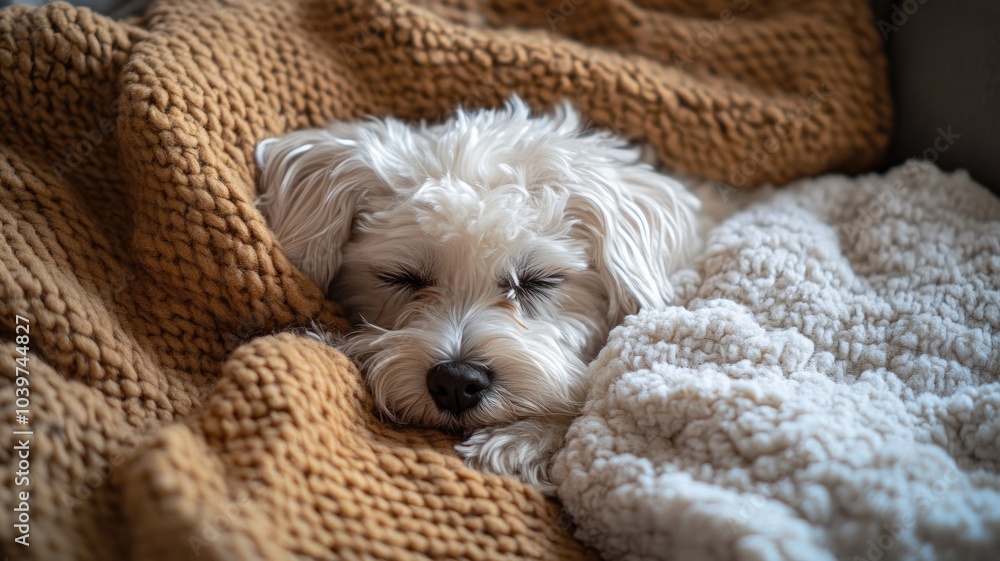 Small white dog sleeping amidst cozy knitted blankets Small white dog sleeping amidst cozy knitted blankets