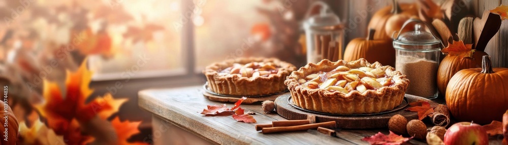 Thanksgiving image of a cozy kitchen scene with pies cooling on the counter Thanksgiving image of a cozy kitchen scene with pies cooling on the counter