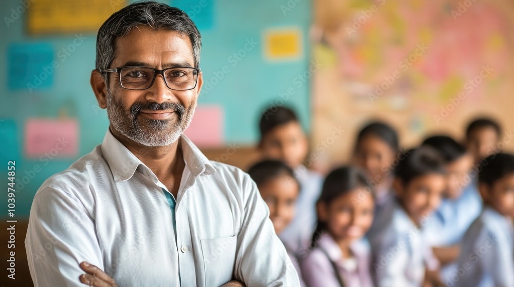 photograph of An Indian teacher in a classroom at a primary school stands looking at the camera with smiling students learning in the background. photograph of An Indian teacher in a classroom at a primary school stands looking at the camera with smiling students learning in the background.
