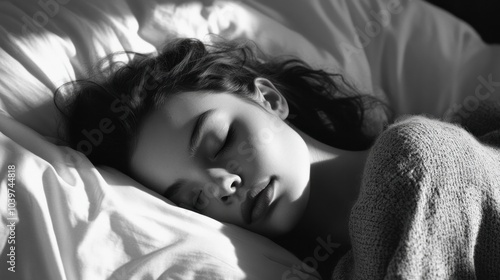 photograph of Beautiful young woman sleeping while lying in bed comfortably and blissfully.