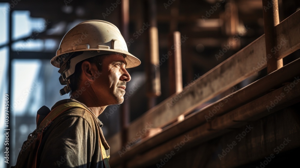 photograph of Construction worker wearing helmet on structure construction site photograph of Construction worker wearing helmet on structure construction site