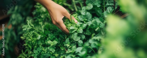 Green Monday image of a lush green urban garden, where fresh herbs and vegetables are being harvested for a sustainable lifestyle