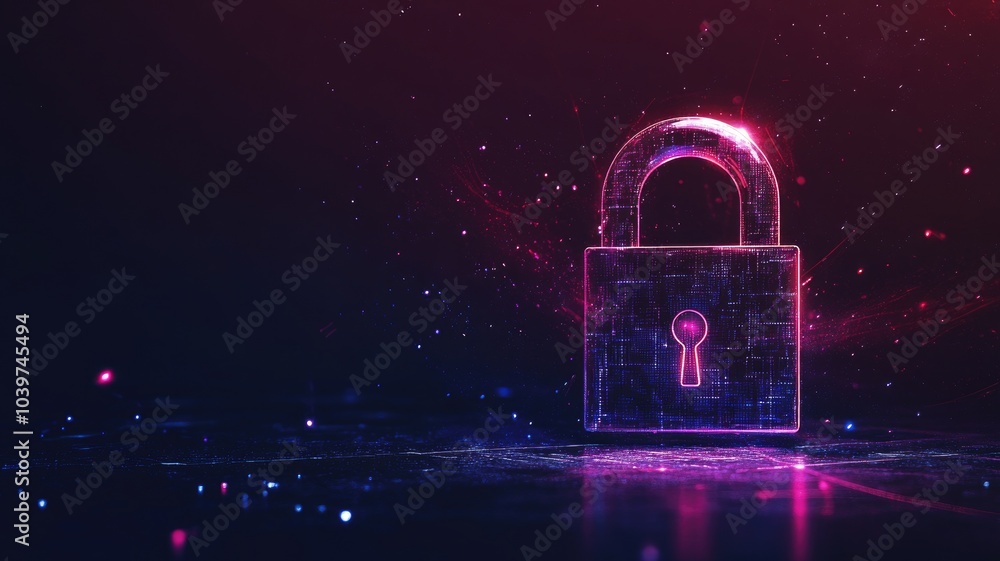 Digital lock illuminated by neon lights symbolizing cybersecurity and data protection Digital lock illuminated by neon lights symbolizing cybersecurity and data protection