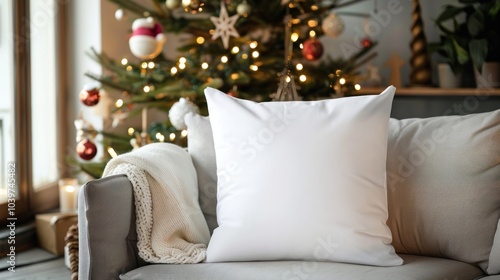 photograph of Square white pillow mockup with a Christmas tree photo