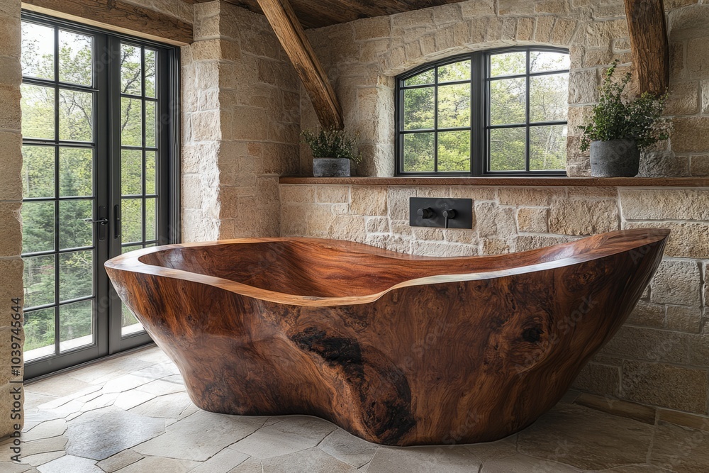 a luxurious rustic bathroom with a handcrafted wooden bathtub a luxurious rustic bathroom with a handcrafted wooden bathtub