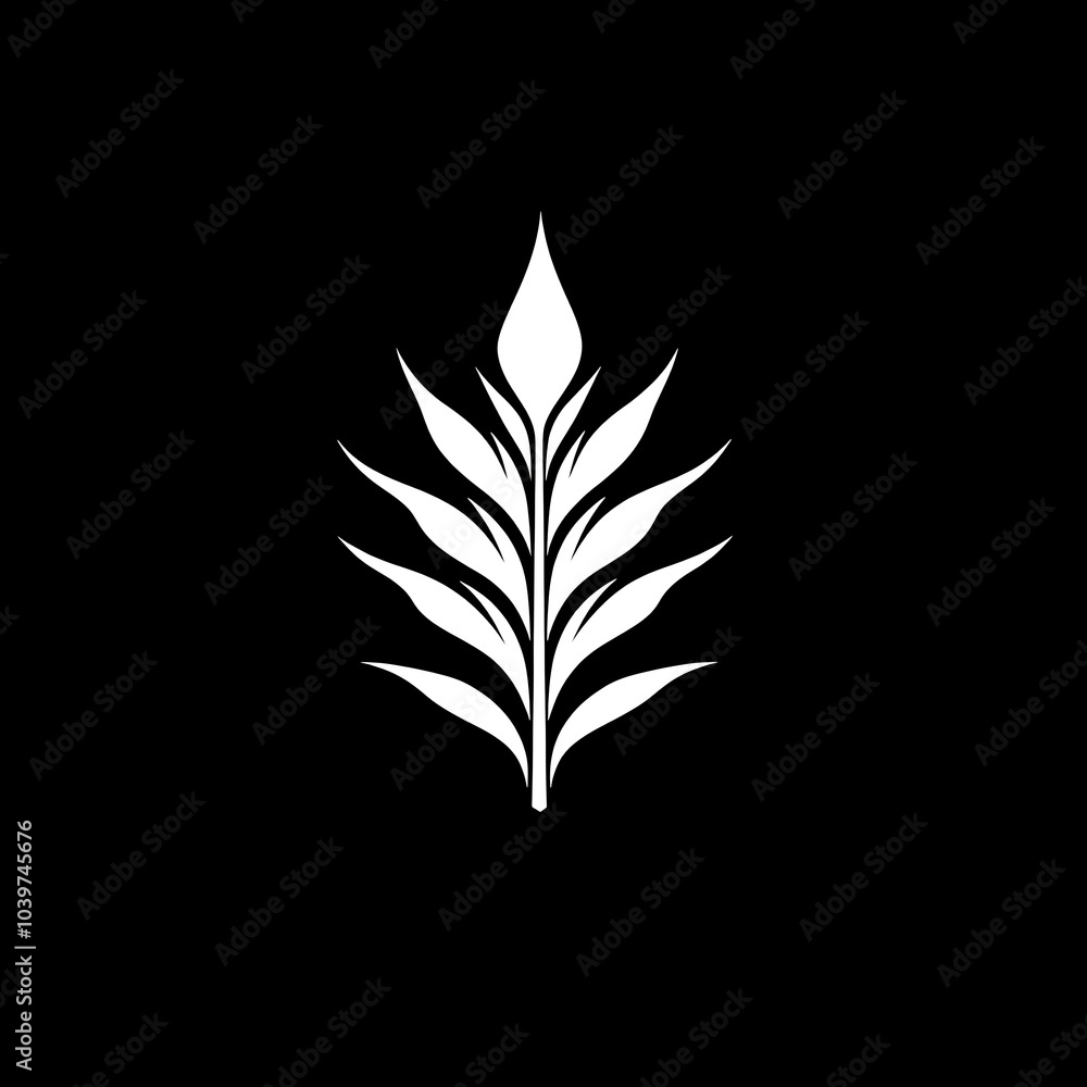 A white stylized image of a leaf on a black background. A white stylized image of a leaf on a black background.
