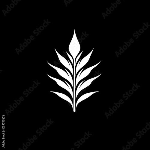 A white stylized image of a leaf on a black background.