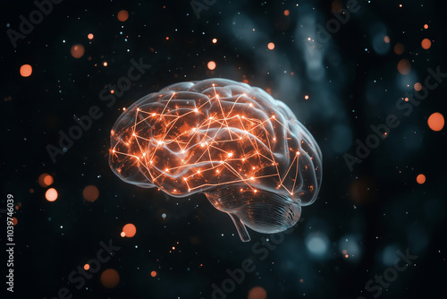 Wallpaper Mural A glowing brain with highlighted neural pathways, representing cognitive processes and brain functions, surrounded by abstract particles, selective focus

 Torontodigital.ca