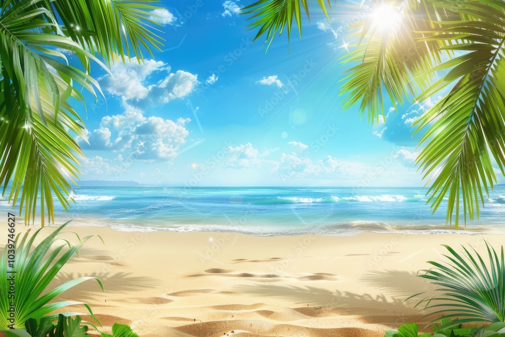 Obraz premium Golden tropical beach with palm leaves sun rays and copy space.