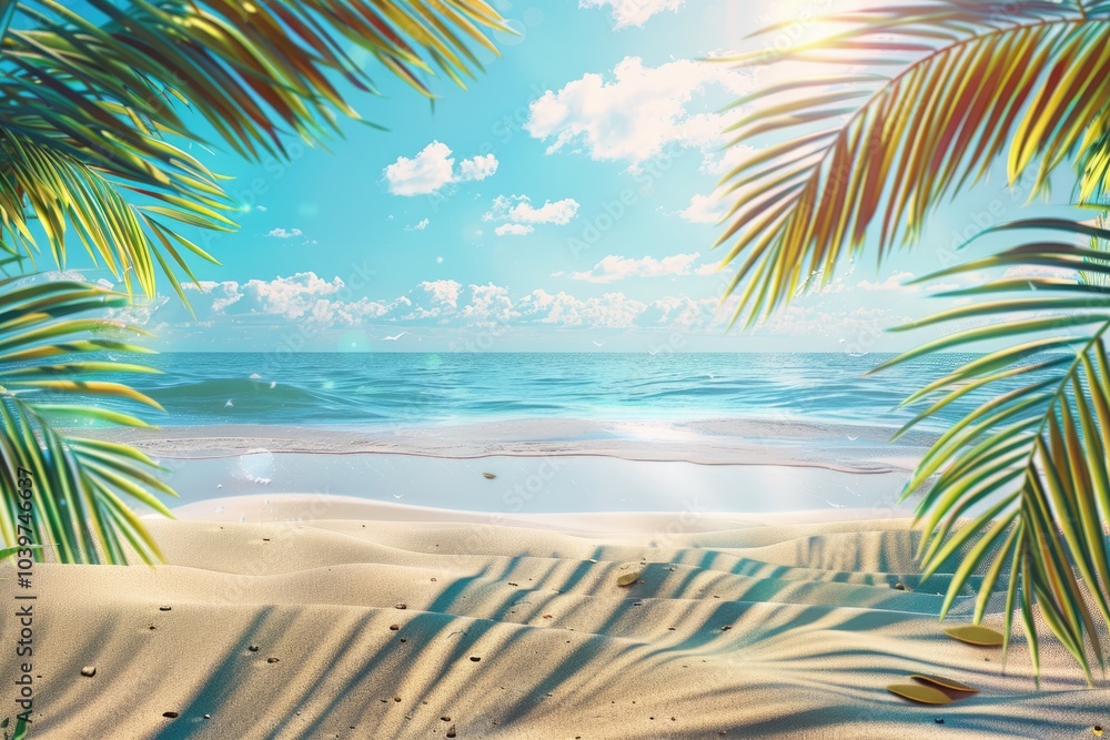 Obraz premium Golden tropical beach with palm leaves sun rays and copy space.