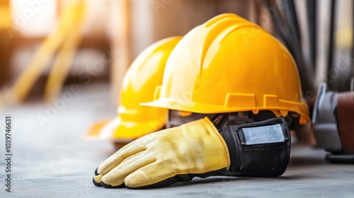 Protective equipment for work, showing workers using proper PPE like gloves, helmets, and protective clothing for safety compliance photo