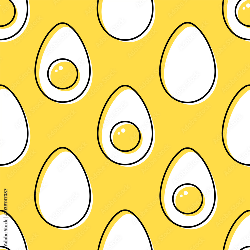 Fototapeta premium White eggs with black outline on yellow background. Vector seamless pattern.