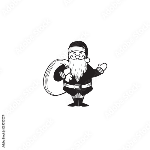 cute santa claus with a bag of gifts stands waving vector sketch illustration