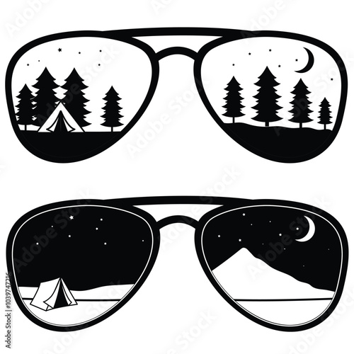 Set of mountain landscape in glasses vector illustration.  Camping illustration
