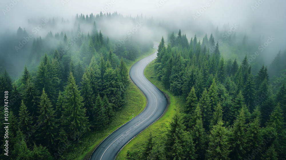 Aerial view of a winding road in a forest Aerial view of a winding road in a forest